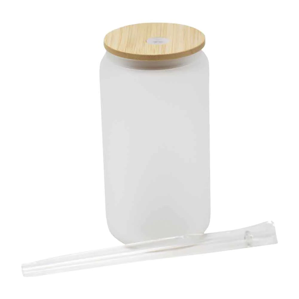 20 oz frosted Glass Can with Bamboo Lid